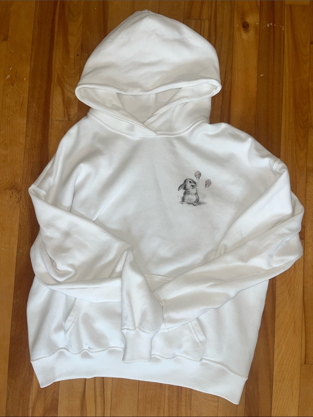 Hollister White Hoodie with Small Bunny and Pink Balloons Embroidery